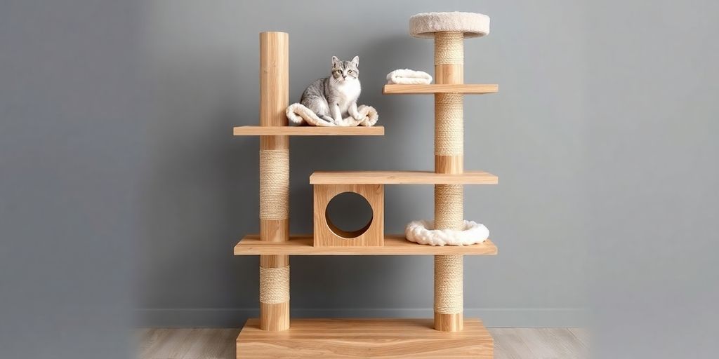 Katze klettert auf einem großen Kratzbaum mit mehreren Ebenen